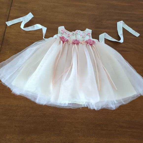 Baby girls BISCOTTI Linen embroidered flowers baby dress 9M NEW